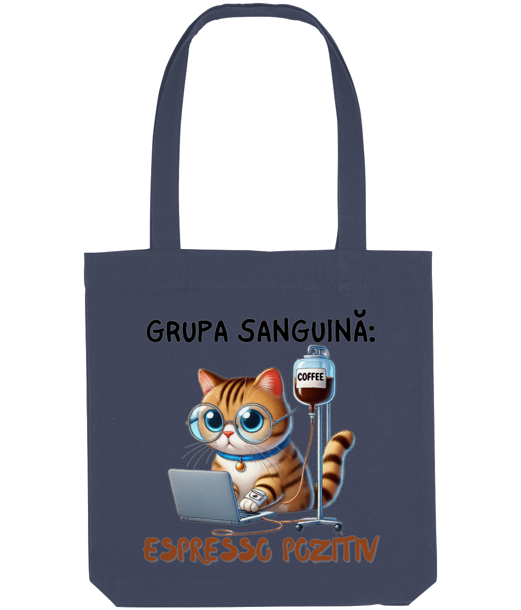 Sacoșă din bumbac „Grupa Sanguină: Espresso Pozitiv” cadou amuzant iubitori de cafea si pisici