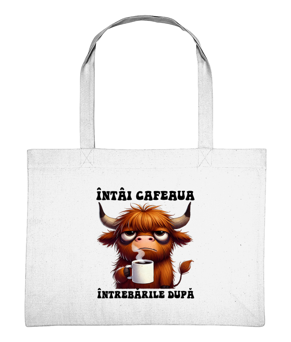 Sacoșă de cumpărături din bumbac „Întâi Cafeaua, Întrebările După” - imagine 2