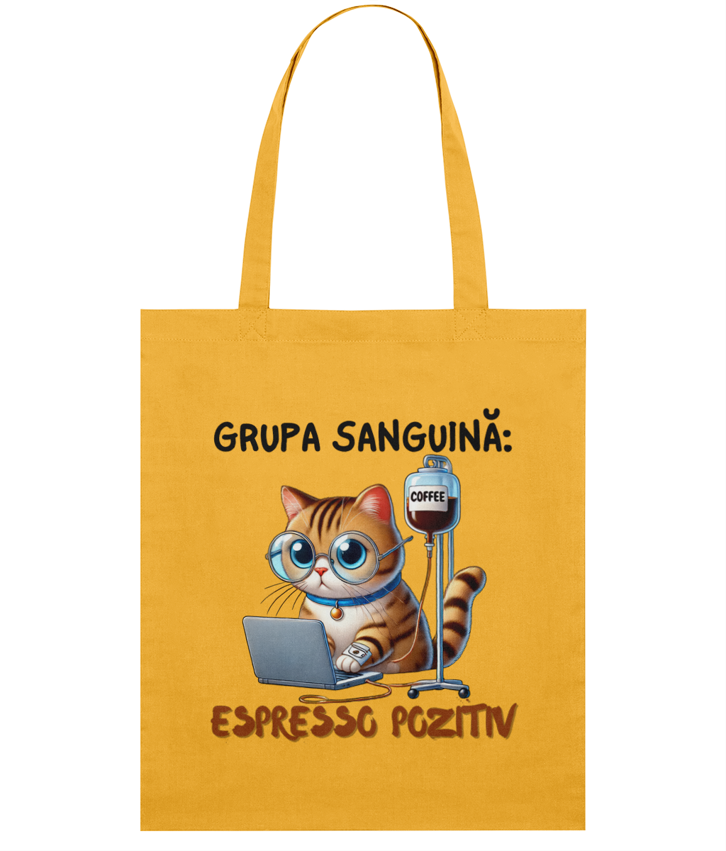 Sacoșă subtire din bumbac „Grupa Sanguină: Espresso Pozitiv” pentru iubitorii de cafea cadou