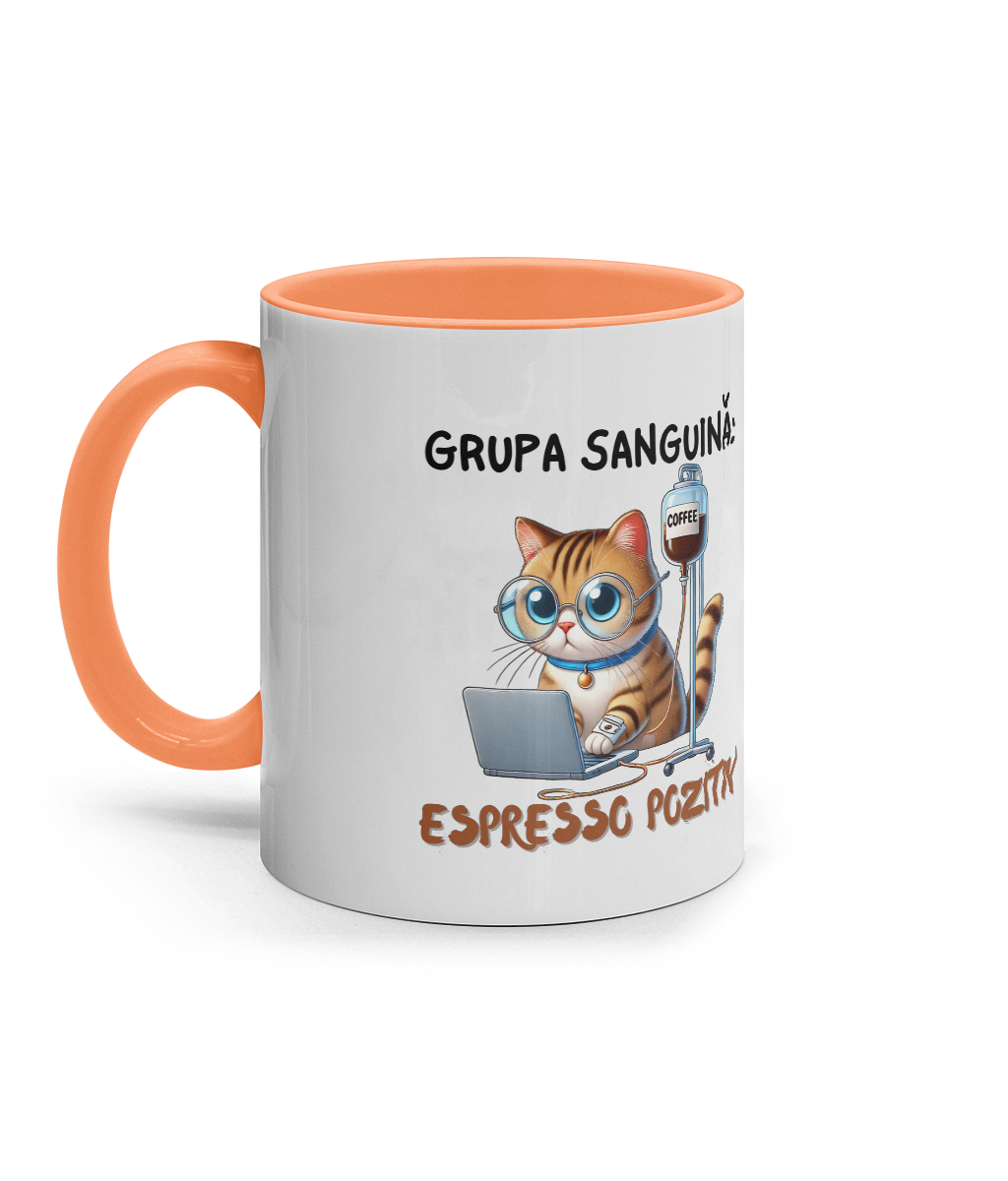 Cană cu Interior Colorat „Grupa Sanguină: Espresso Pozitiv” cadou amuzant pentru iubitorii de cafea