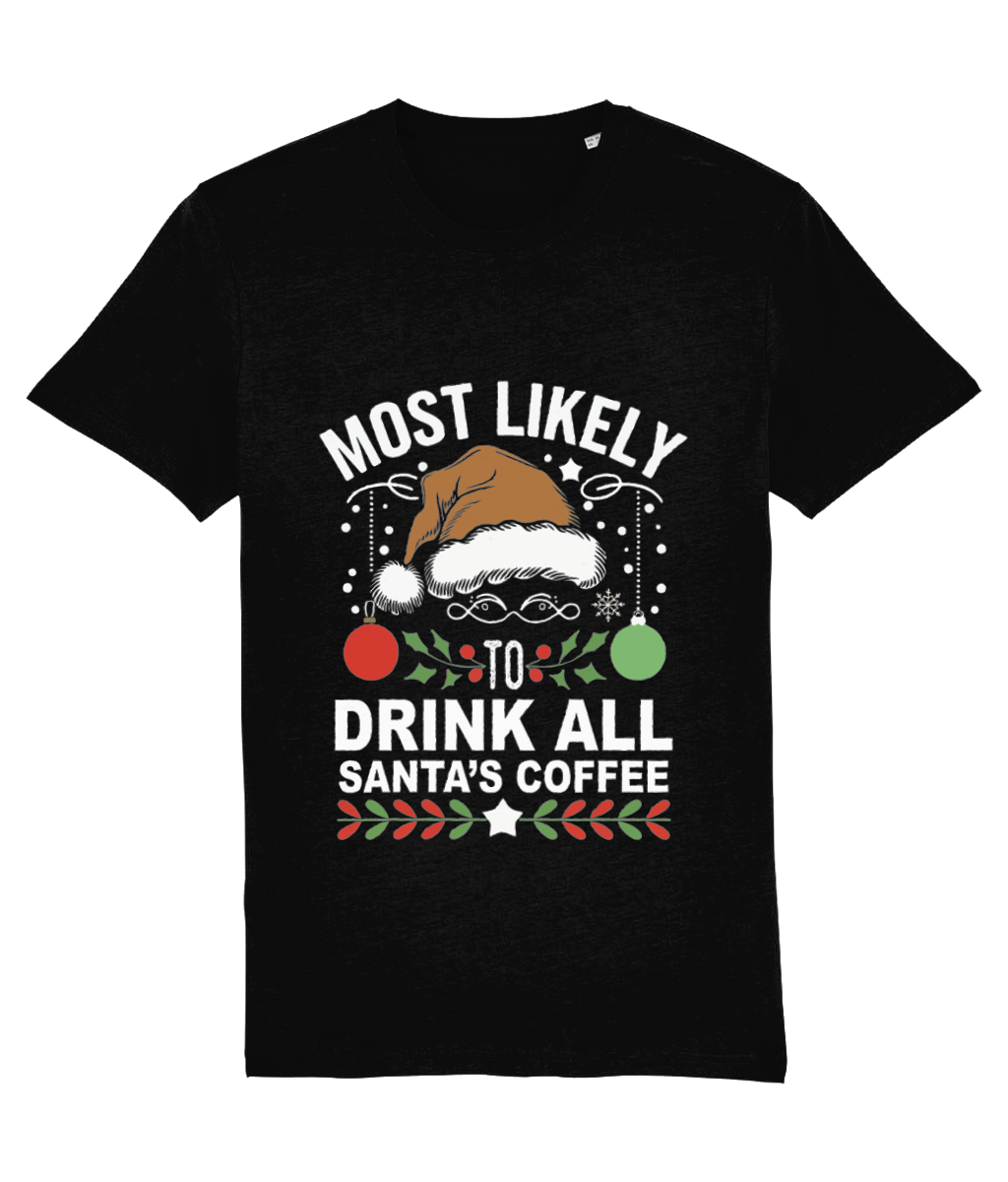 Tricou bărbați „Most Likely to Drink All Santa’s Coffee” cadou amuzant personalizat pentru iubitorii de cafea de Craciun