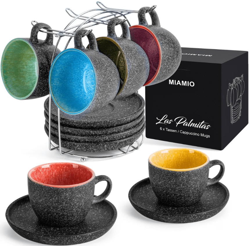 Set 6 Cesti de cafea cu farfurie, colectia Las Palmitas, ceramica, multicolor, 190 ml