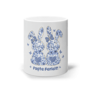 Cana ceramică albă „Paște fericit” cu iepurași