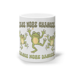 Cană ceramică albă „Take more chances. Dance more dances”
