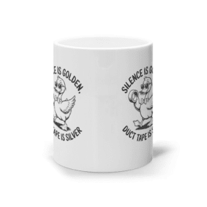 Cană ceramică albă „Silence is golden, duct tape is silver”