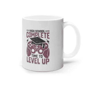 Cană ceramică albă „High school complete. Time to level up”