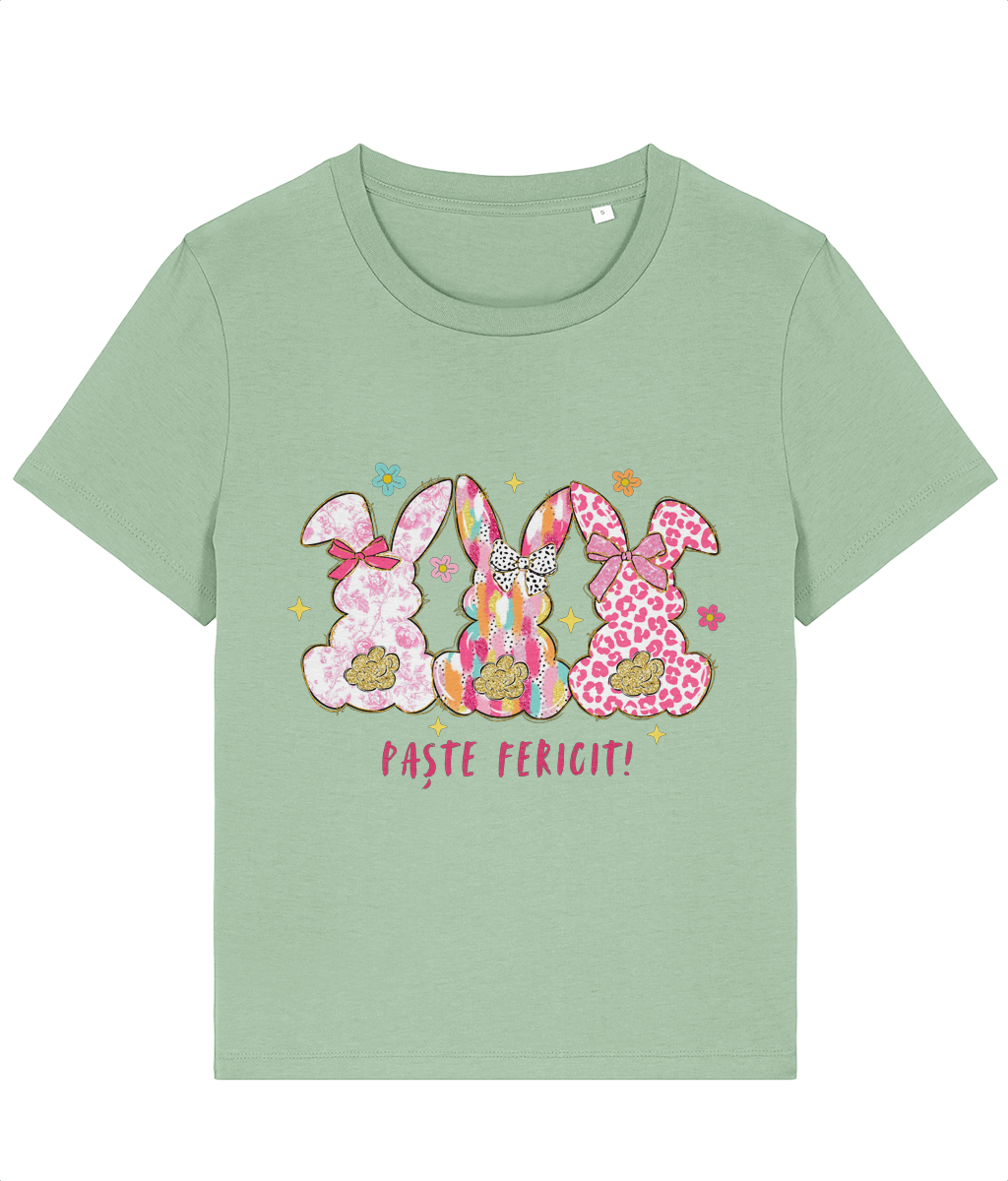 Tricou dama Paste fericit 3 iepurasi cadou amuzant personalizat de iepuras