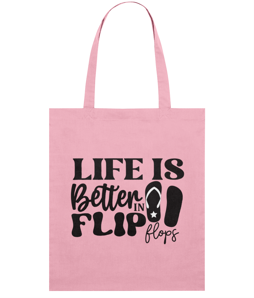 Sacosa din bumbac Life is better in flip flops pentru iubitorii de mare soare plaja nisip