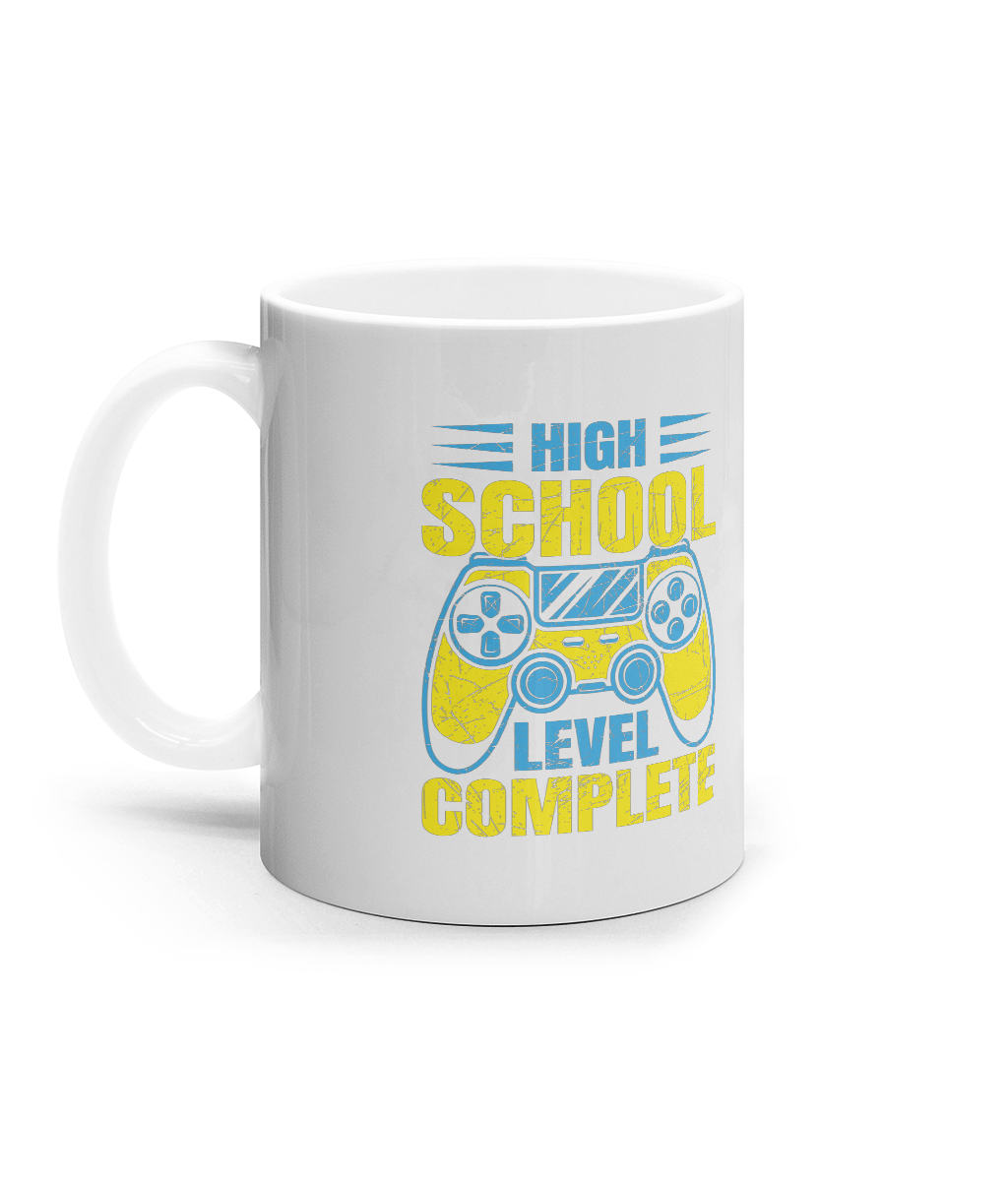 Cana ceramica personalizata pentru absolventi de liceu baieti si fete pasionati de gaming jocuri video High school level complete