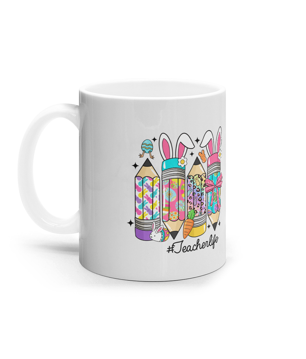 Cana ceramica alba pentru cadre didactice de paste. Cadou amuzant personalizat pentru invatatoare si profesori de iepuras