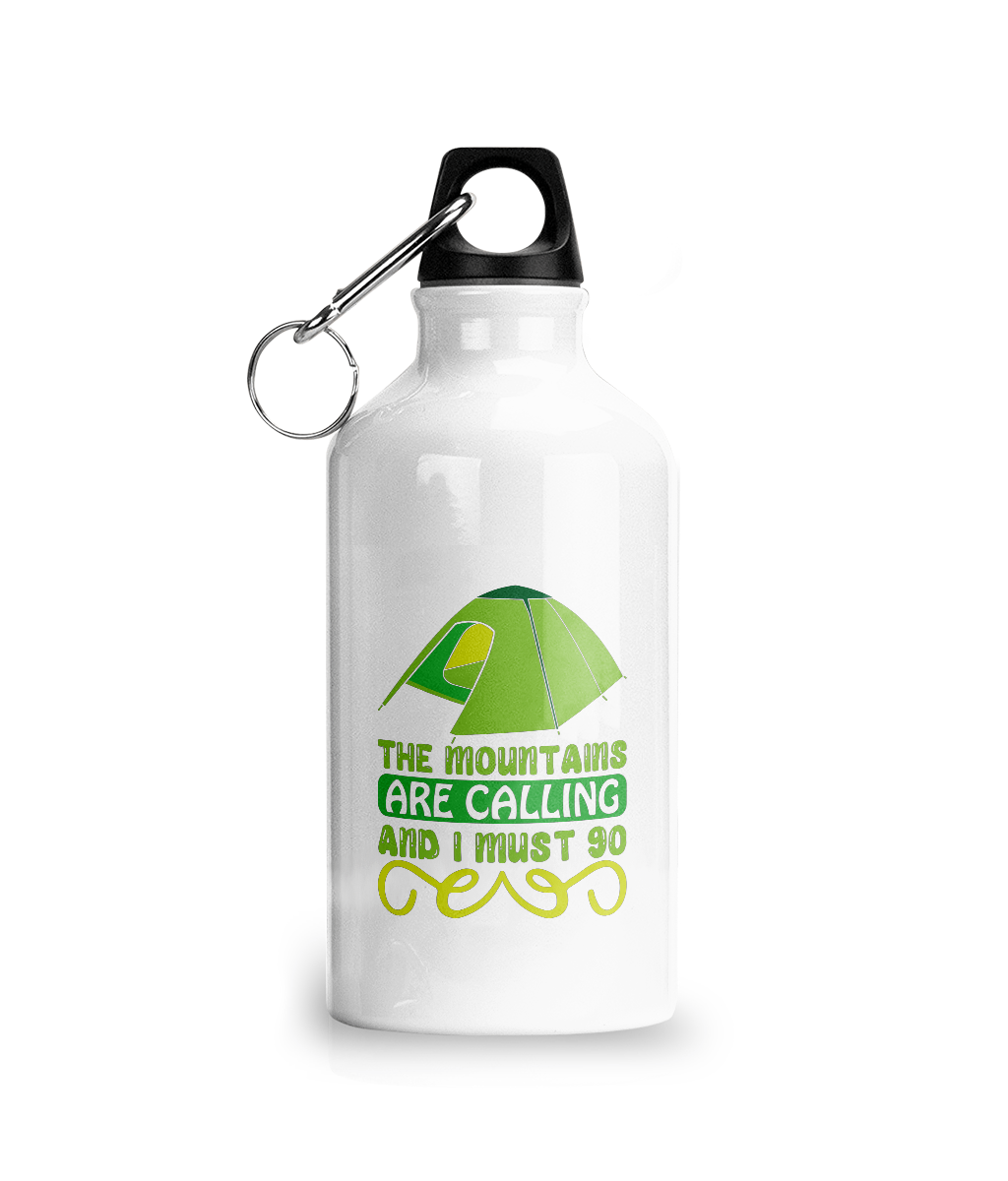 Bidon sport din aluminiu cu carabina The mountains are calling and I must go cadou personalizat pentru iubitorii de drumetii, natura, campat, mers cu cortul