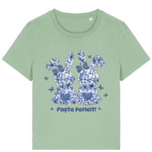 Tricou damă „Paște fericit” cu iepurași