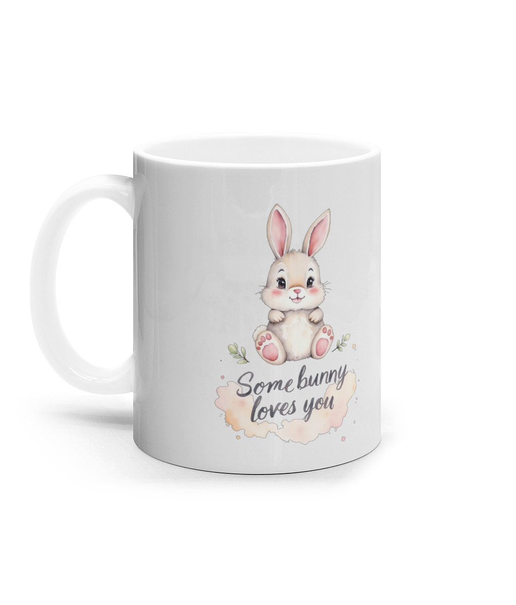 Cana ceramica alba Somebunny loves you cadou amunzant personalizat de paste