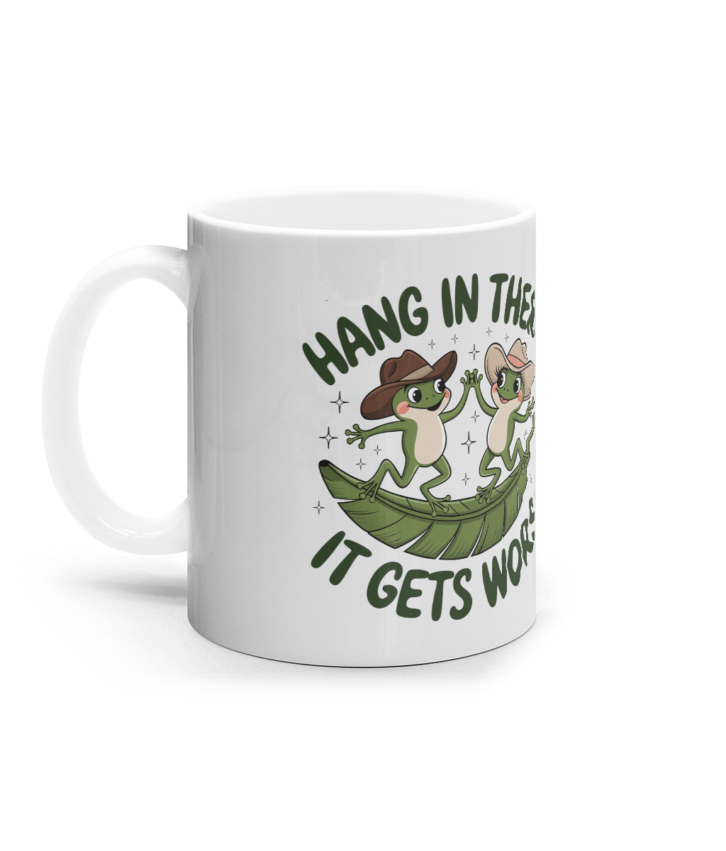 Cana ceramica alba cadou personalizat amuzant pentru iubitorii de umor si sarcasm Hang in there it gets worse