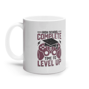 Cană ceramică albă „High school complete. Time to level up”