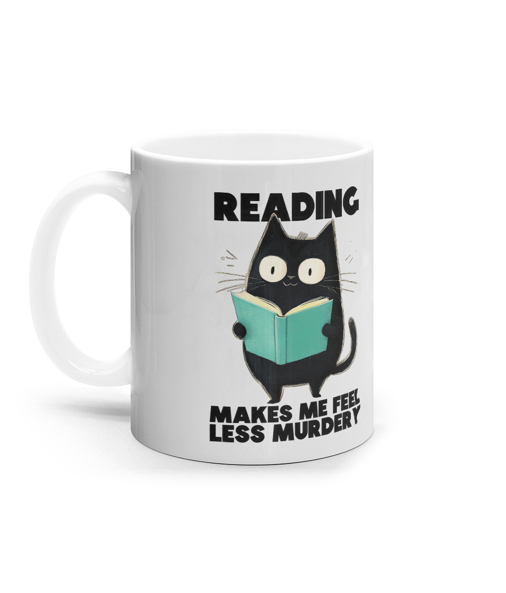 Cana ceramica alba Reading makes me feel less murdery pentru iubitorii de carti si lectura