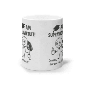 Cană ceramică albă „Am supravietuit! Cu greu, dar am reusit!”