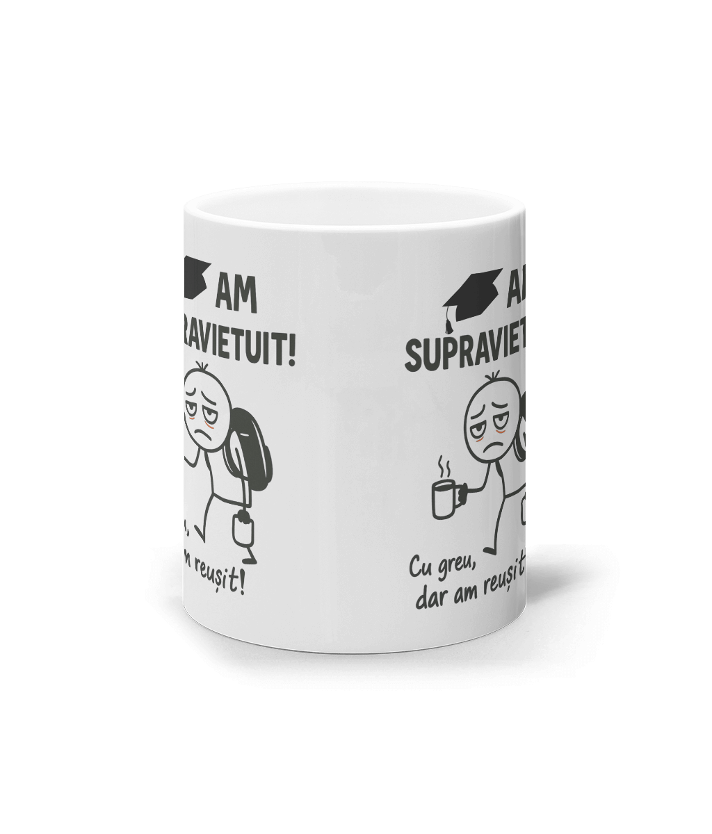 Cană ceramică albă „Am supravietuit! Cu greu, dar am reusit!” - imagine 2
