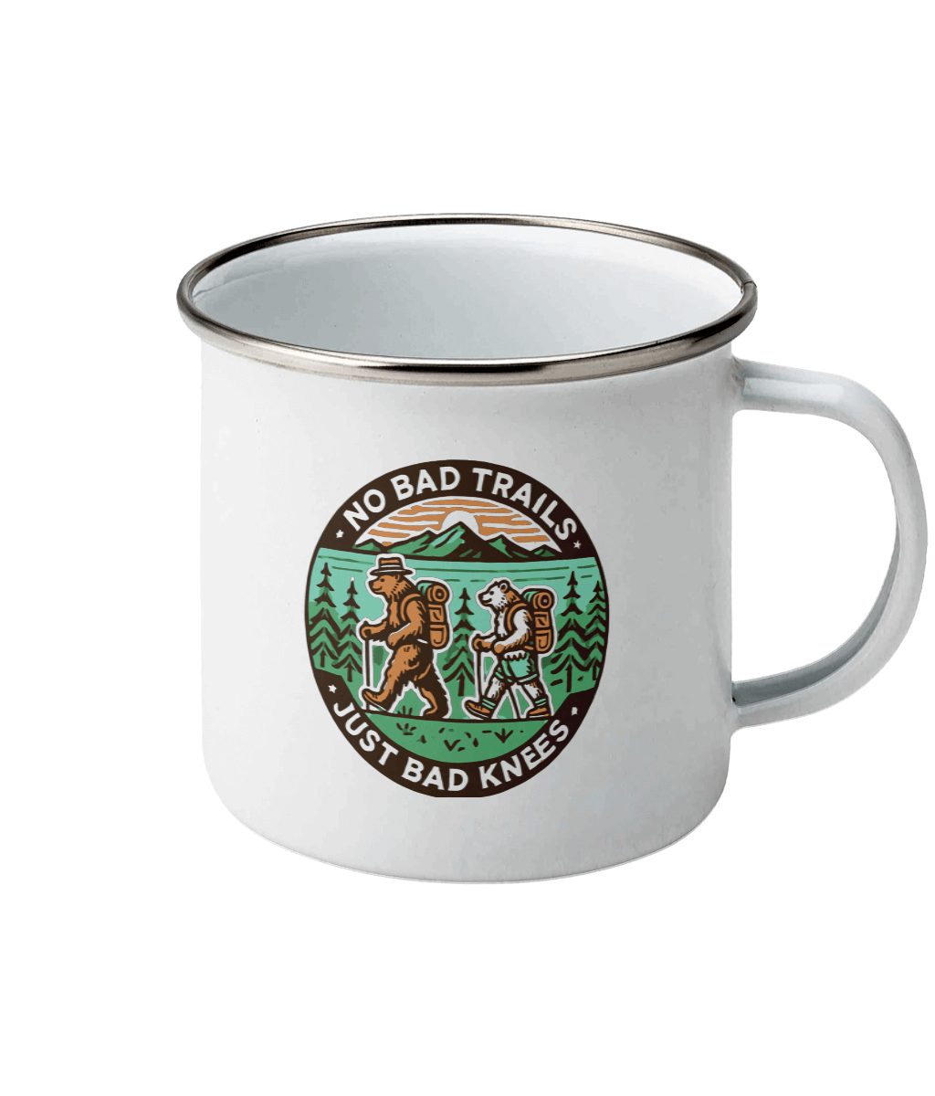 Cană emailată „No bad trails, just bad knees” - imagine 2