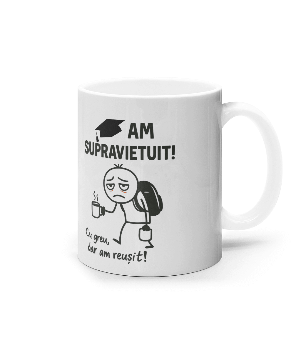 Cană ceramică albă „Am supravietuit! Cu greu, dar am reusit!” - imagine 3