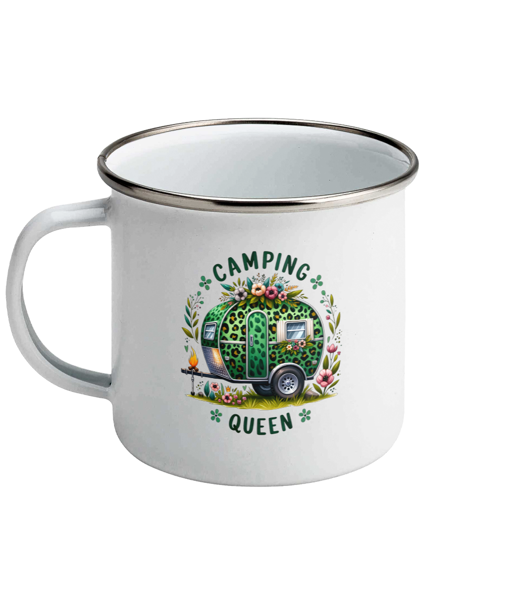 Cana emailata alba cu rulota cu imprimeu leopard pentru iubitoarele de campat in natura, camping, rulotism, aventuri Camping queen