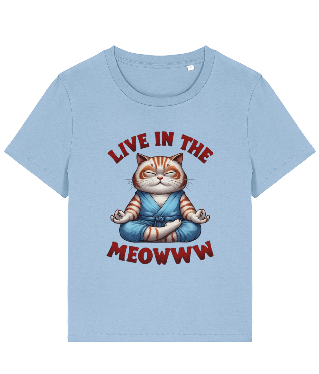Tricou dama Live in the meow pentru iubitoare de pisici si yoga relaxare meditatie pace