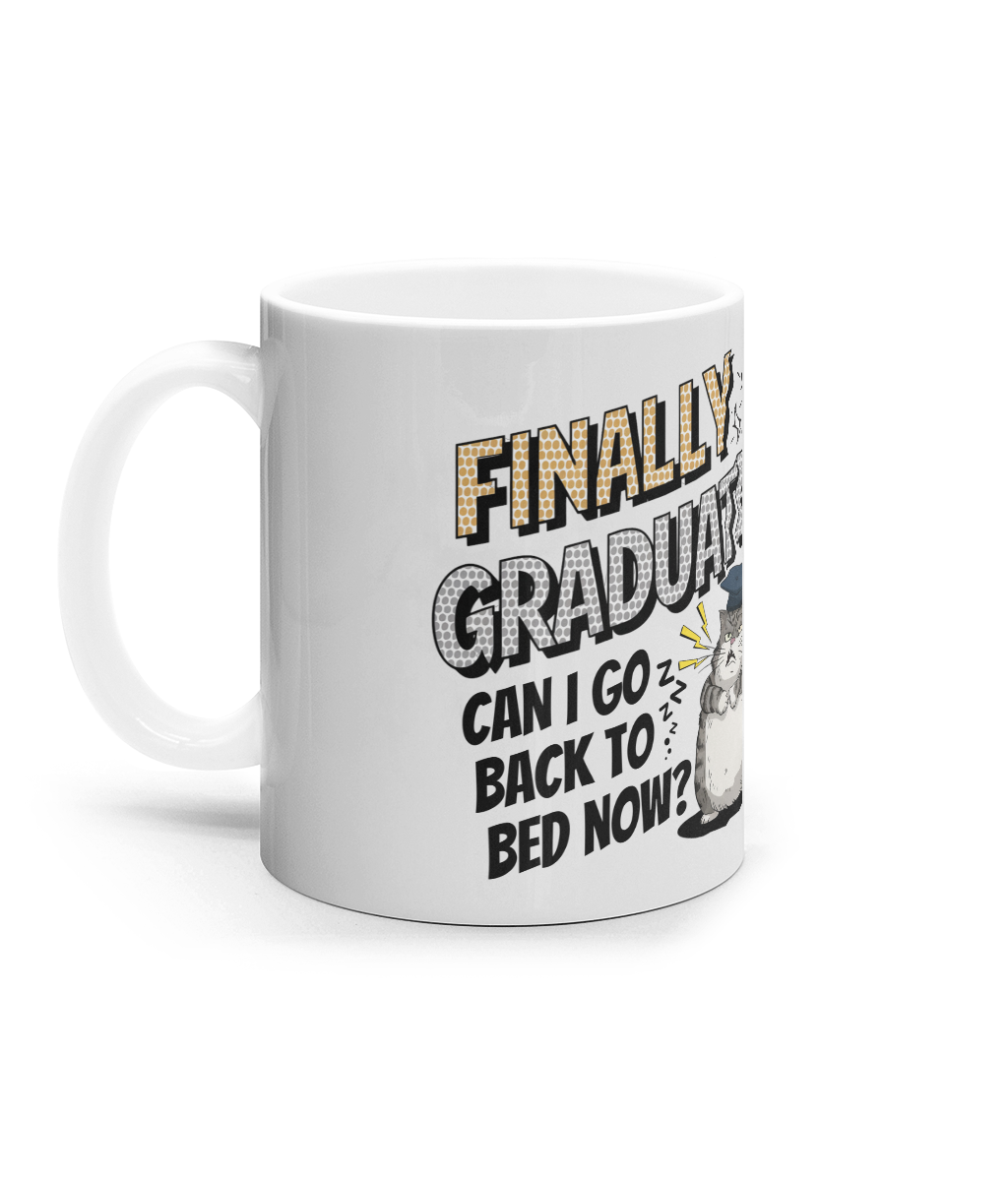 Cana ceramica alba cadou personalizat amuzant de absolvire pentru iubitorii de pisici fete baieti liceu facultate Finally graduated! Can I go back to bed now?