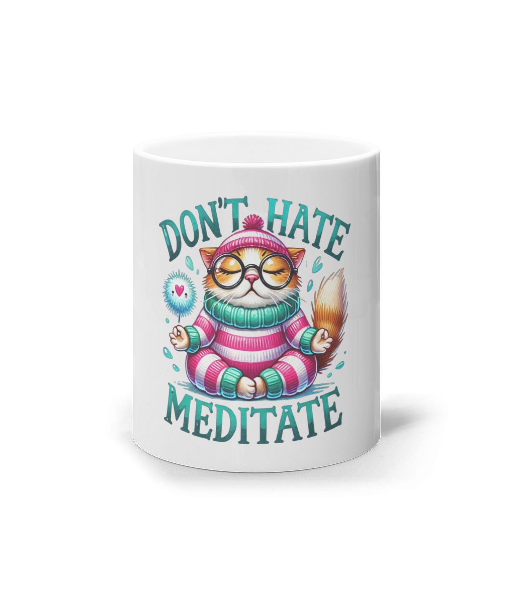 Cana ceramica cadou personalizat amuzant pentru iubitorii de yoga zen si pisici Don't hate. Meditate