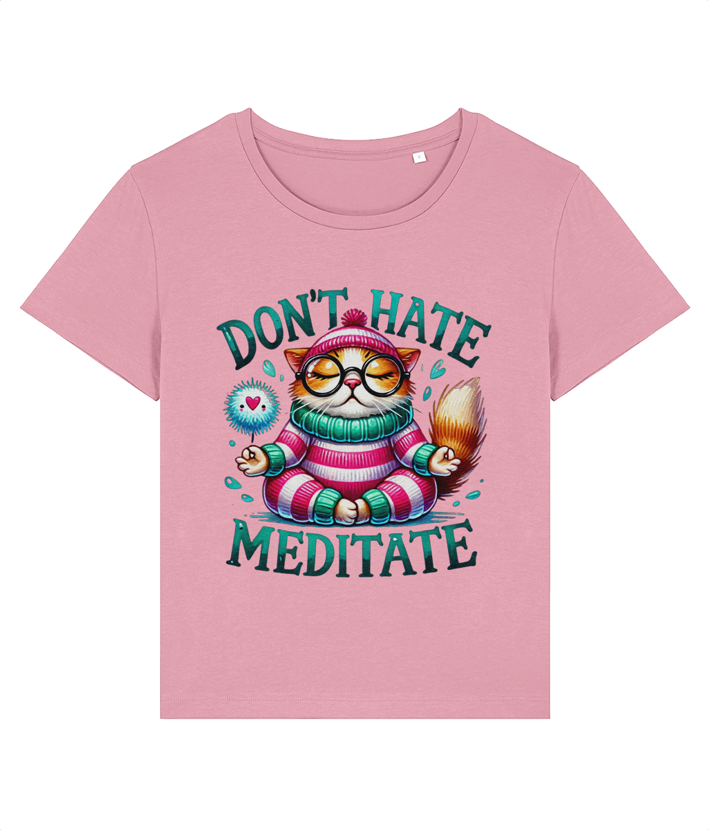 Tricou cadou personalizat amuzant pentru iubitorii de yoga si pisici zen Do not hate. Meditate