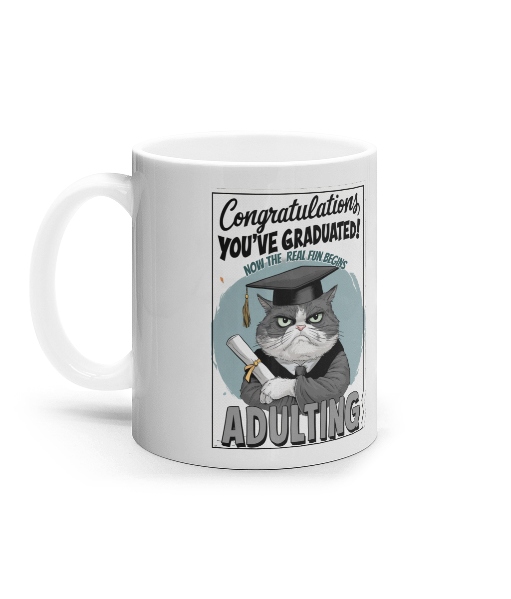 Cana ceramica amuzanta cadou personalizat pentru absolventi Now the real fun begins adulting