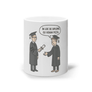 Cană ceramică albă „În loc de diplomă, eu voiam pizza”