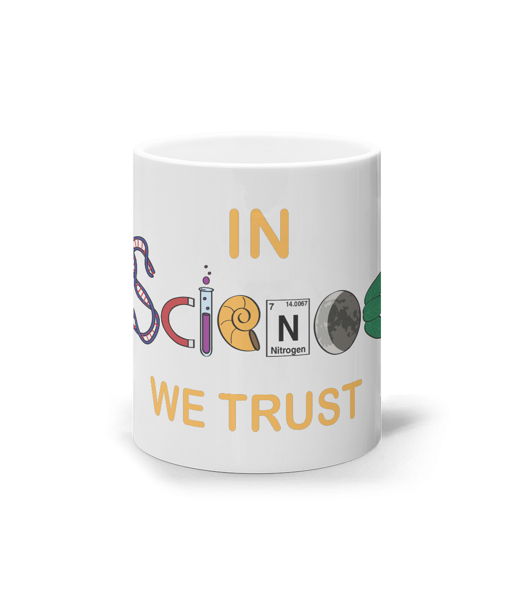 Cana ceramica In science we trust cadou personalizat amuzant pentru iubitorii de stiinta stiintele naturii cunoastere chimie fizica geografie biologie