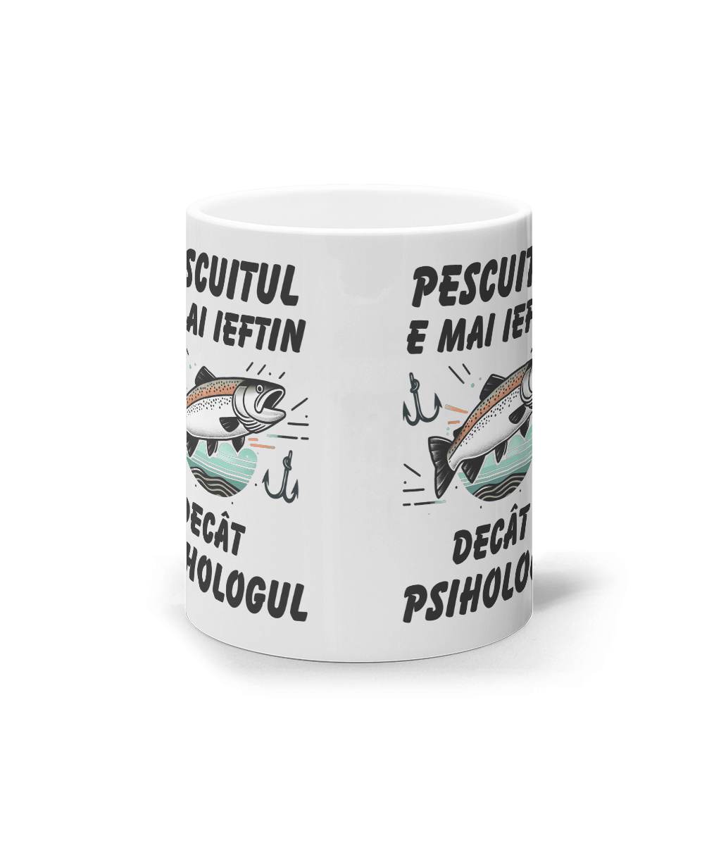 Cană ceramică albă „Pescuitul e mai ieftin decât psihologul” - imagine 2