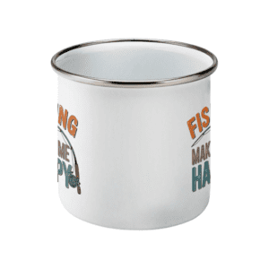 Cană emailată „Fishing makes me happy”