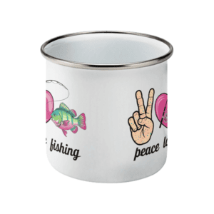 Cană emailată „Peace, love, fishing”