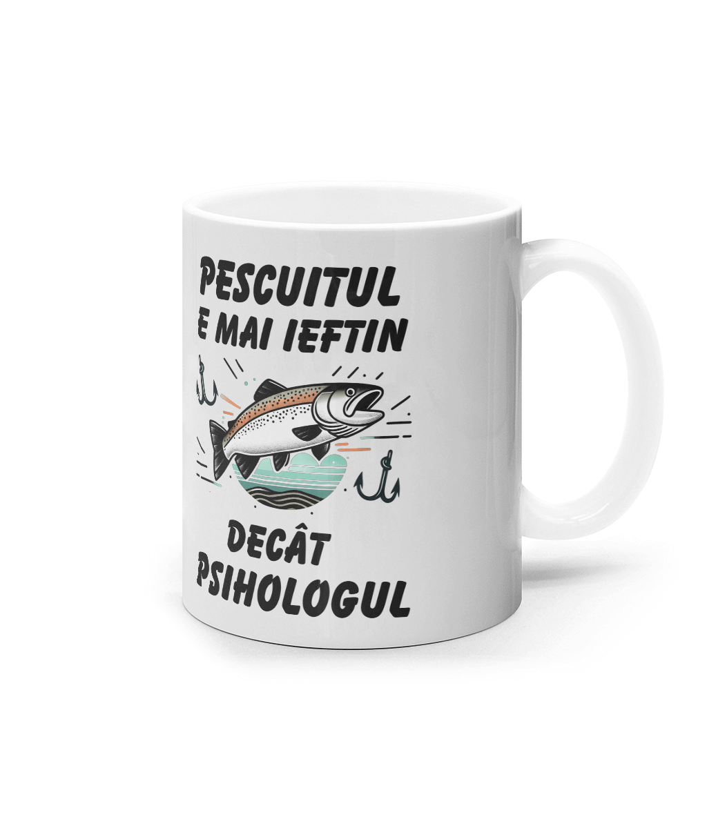 Cană ceramică albă „Pescuitul e mai ieftin decât psihologul” - imagine 3