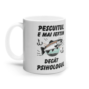Cană ceramică albă „Pescuitul e mai ieftin decât psihologul”
