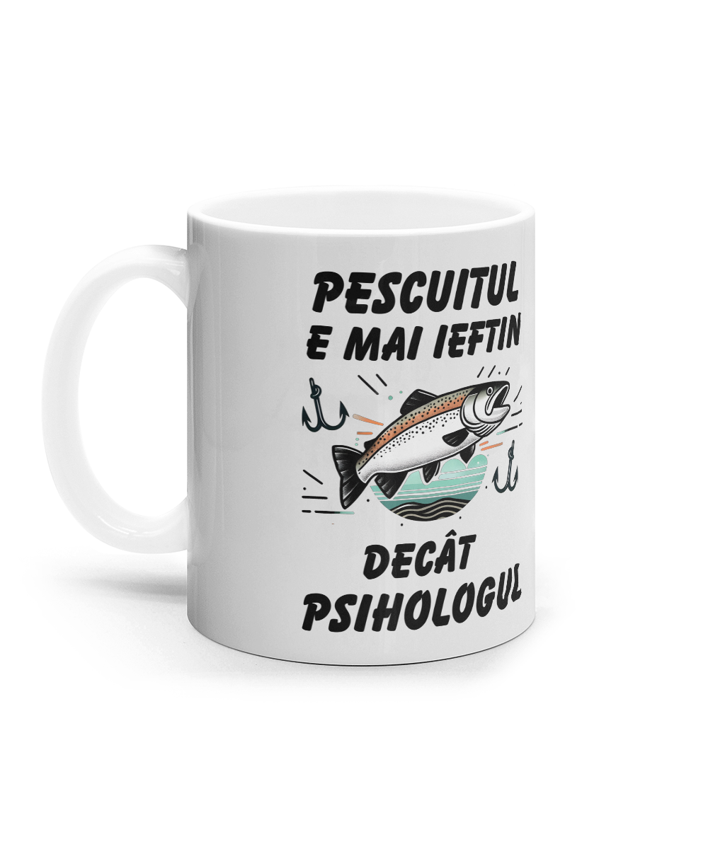 Cana ceramica alba cadou personalizat amuzant pentru iubitorii de pescuit pescari amatori si profesionisti pasionati Pescuitul este mai ieftin decat psihologul umor pescaresc