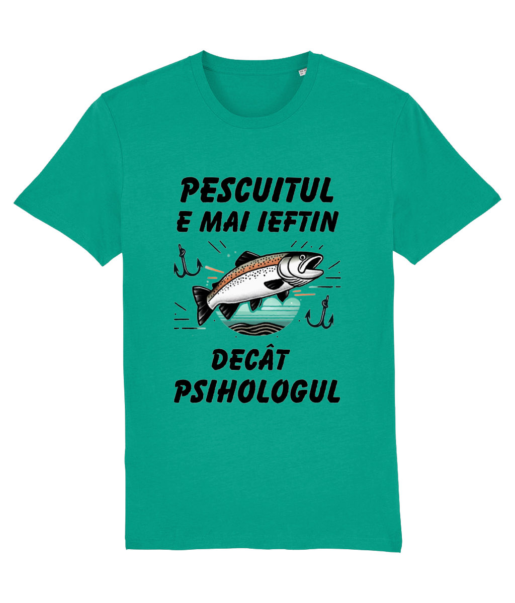 Tricou personalizat cadou amuzant pentru iubitorii de pescuit pescari amatori si profesionisti pasionati Pescuitul e mai ieftin decat psihologul