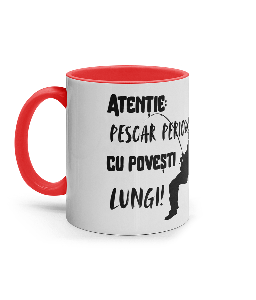 Cana ceramica colorata pentru pescari amatori si profesionisti pasionati iubitori de pescuit Atentie pescar cu povesti lungi