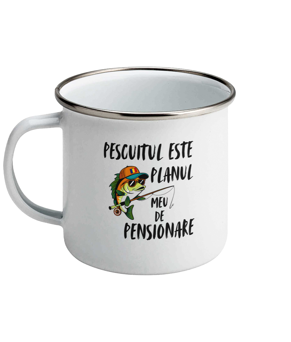 Cana emailata vintage retro cadou de pensionare pentru iubitorii de pescuit si pescari amatori sau profesionisti viitori proaspeti pensionari