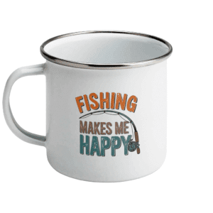Cană emailată „Fishing makes me happy”
