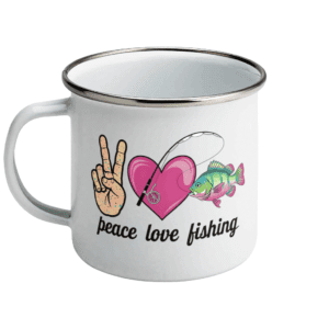 Cană emailată „Peace, love, fishing”