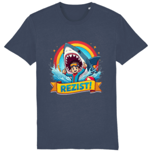 Tricou unisex „REZIST!” – Curaj, culoare și umor în fața oricărui rechin