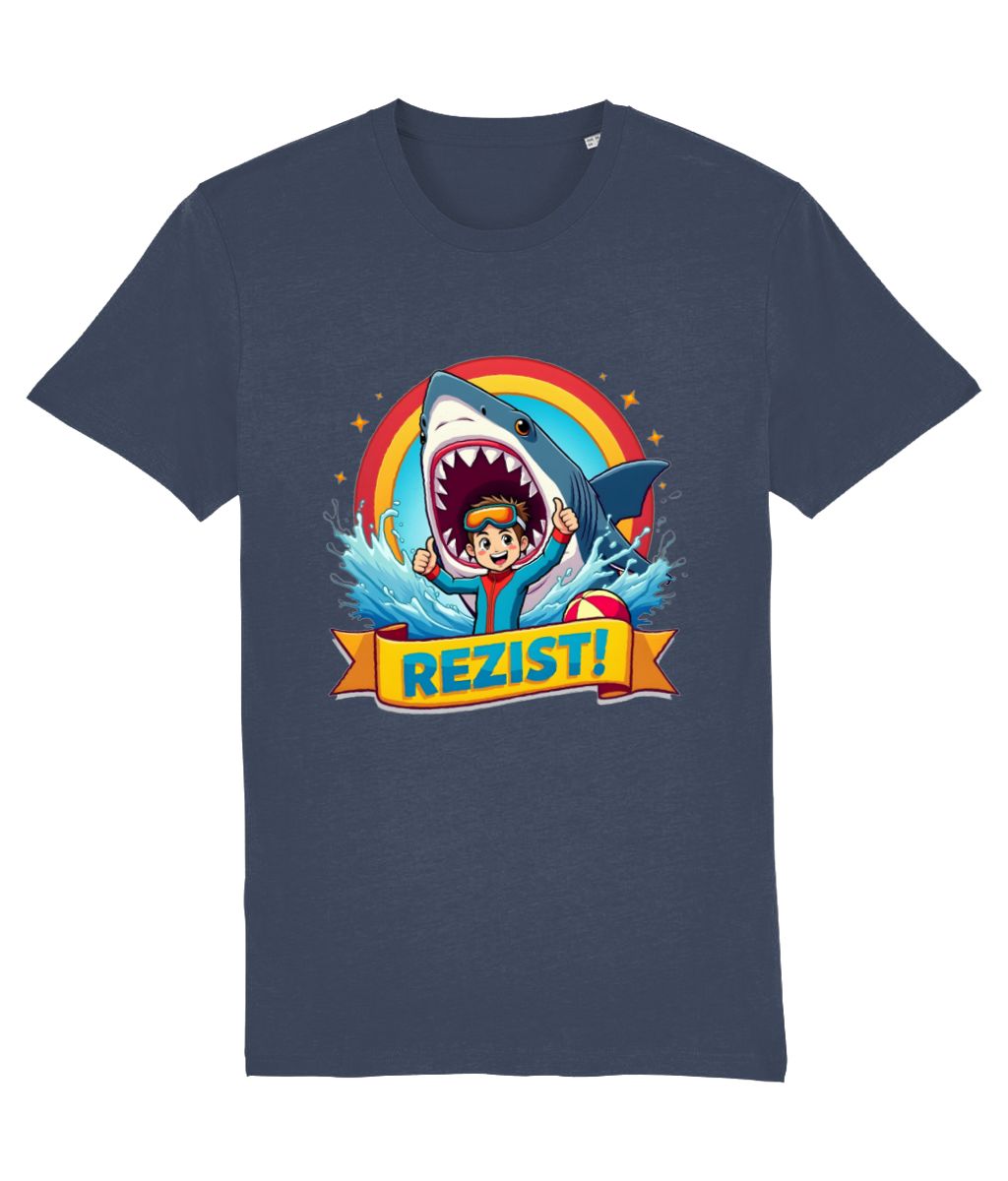 Tricou unisex „REZIST!” – Curaj, culoare și umor în fața oricărui rechin