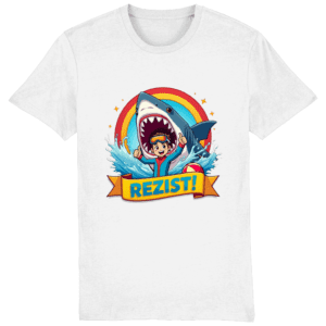 Tricou unisex „REZIST!” – Curaj, culoare și umor în fața oricărui rechin